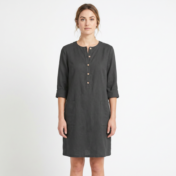 Women's Linen Shift Dress Roll Sleeve Button Placket Pockets Midi
