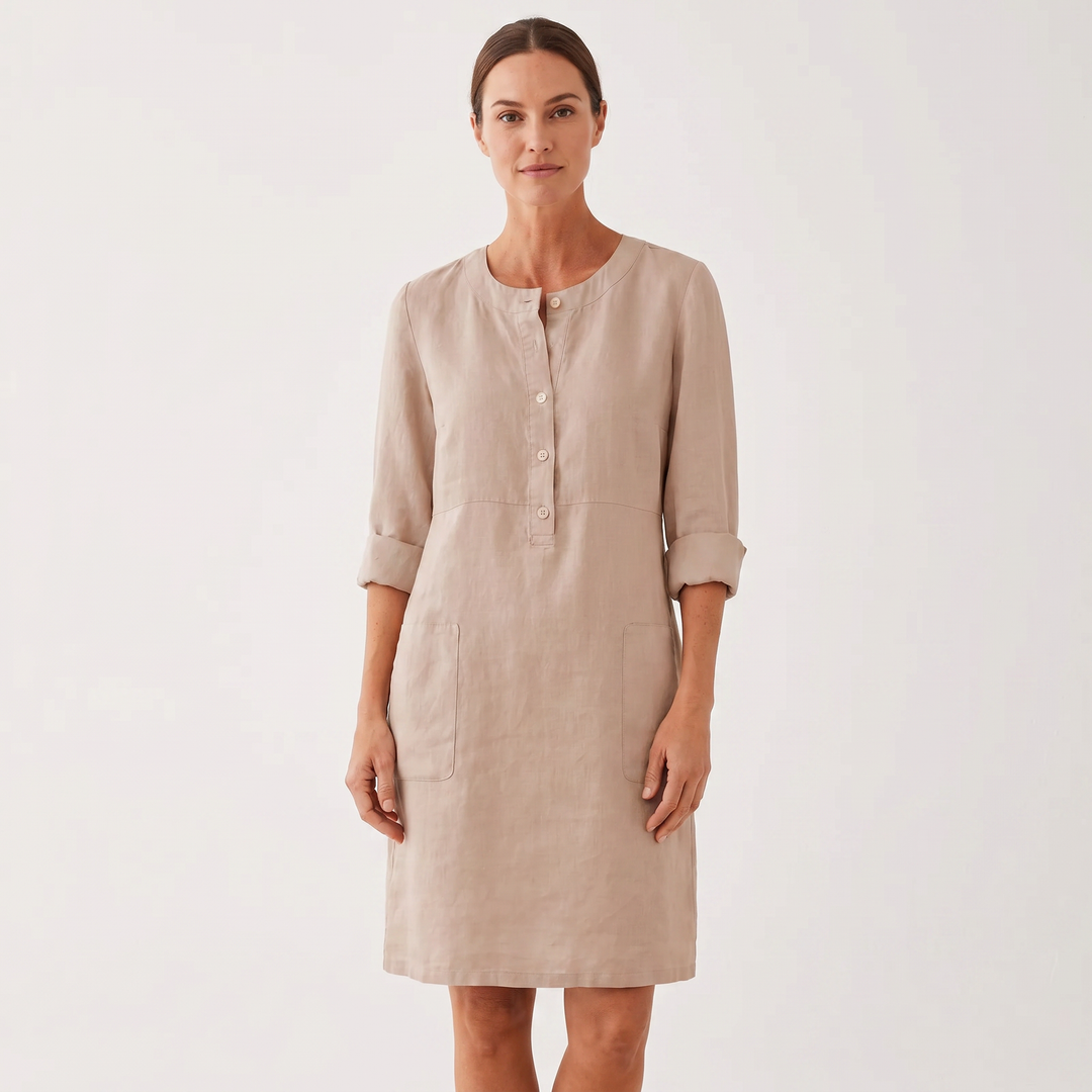 Women's Linen Shift Dress Roll Sleeve Button Placket Pockets Midi