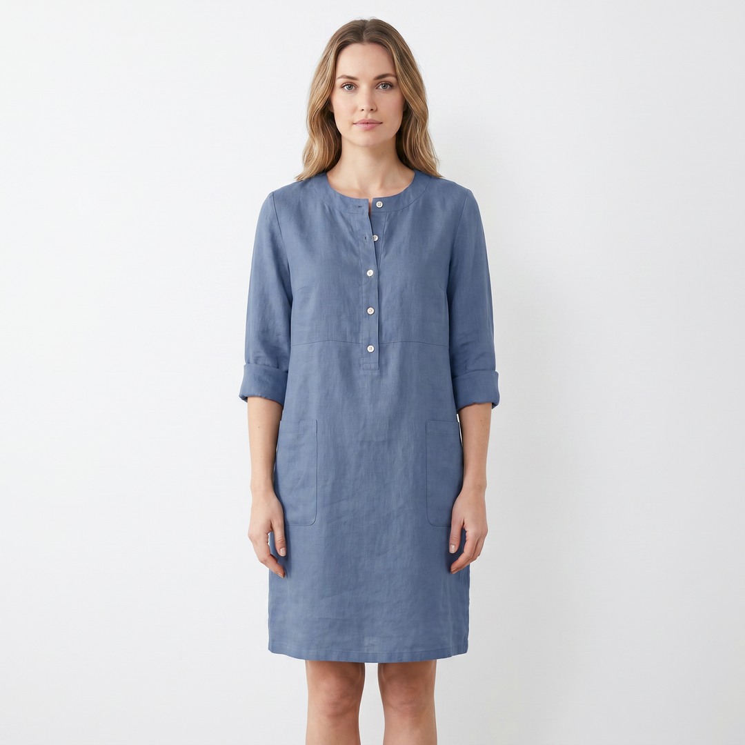 Women's Linen Shift Dress Roll Sleeve Button Placket Pockets Midi