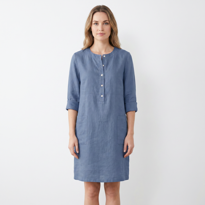 Women's Linen Shift Dress Roll Sleeve Button Placket Pockets Midi