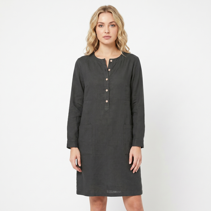 Women's Linen Shift Dress Roll Sleeve Button Placket Pockets Midi