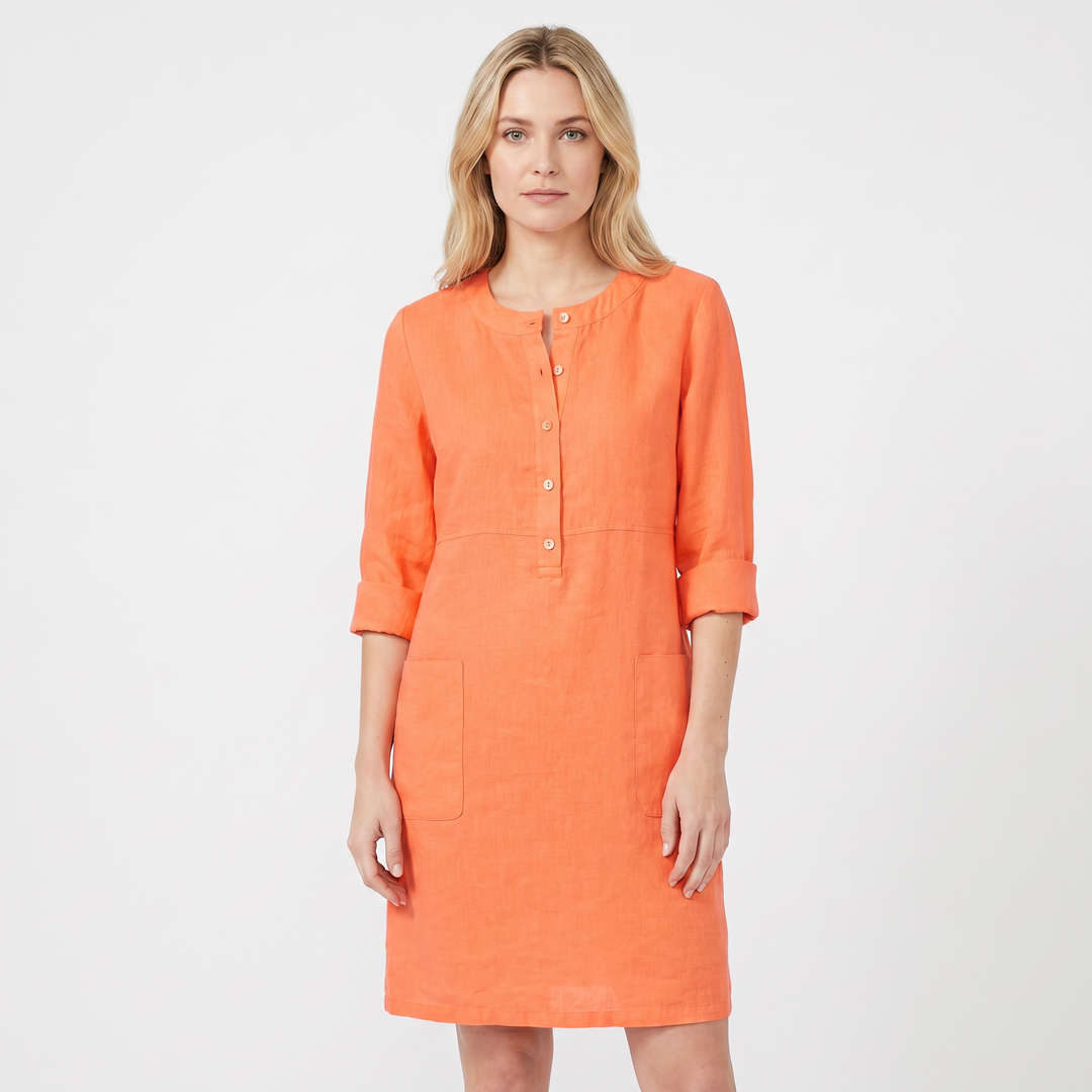 Women's Linen Shift Dress Roll Sleeve Button Placket Pockets Midi