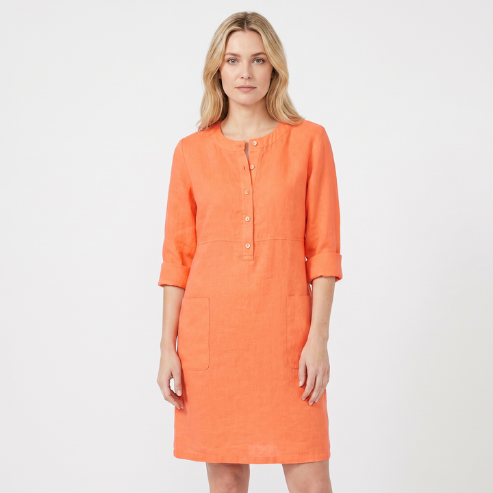 Women's Linen Shift Dress Roll Sleeve Button Placket Pockets Midi