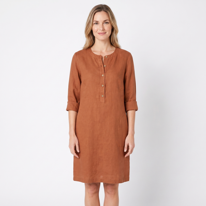 Women's Linen Shift Dress Roll Sleeve Button Placket Pockets Midi