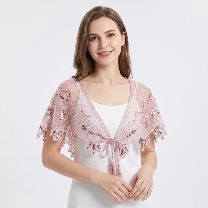Women's Beaded Capelet Sequin Mesh Evening Shawl Cover Up Wrap