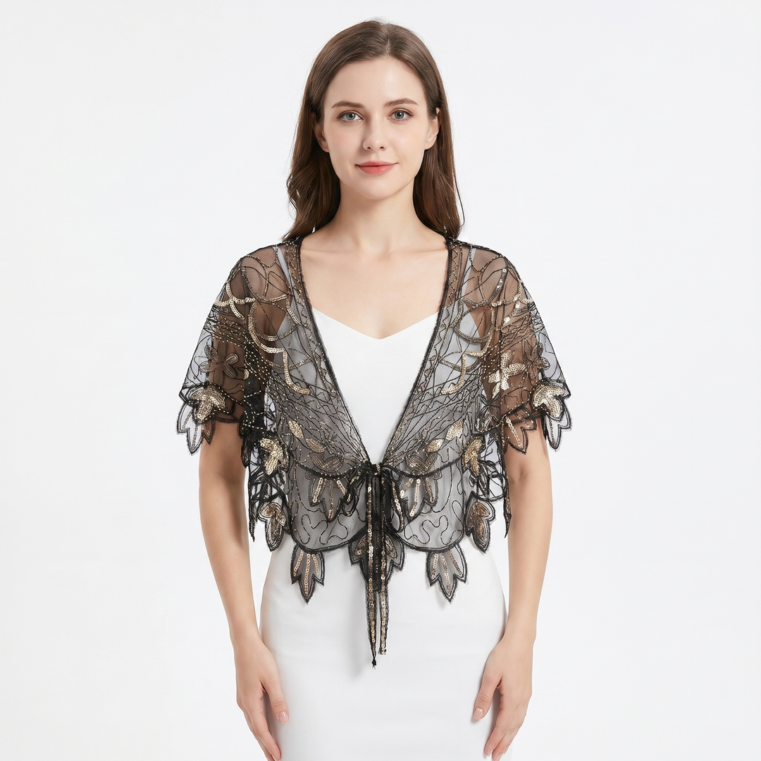 Women's Beaded Capelet Sequin Mesh Evening Shawl Cover Up Wrap