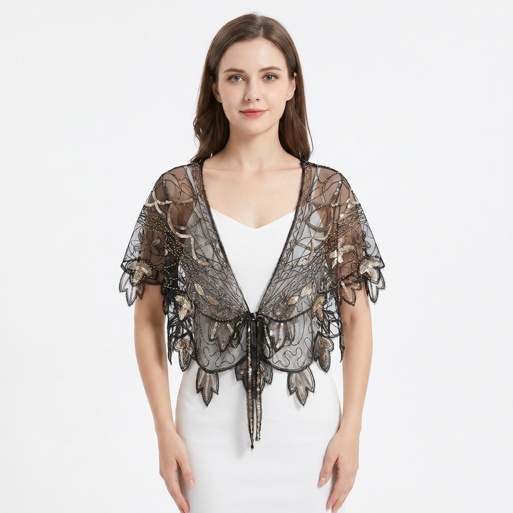 Women's Beaded Capelet Sequin Mesh Evening Shawl Cover Up Wrap