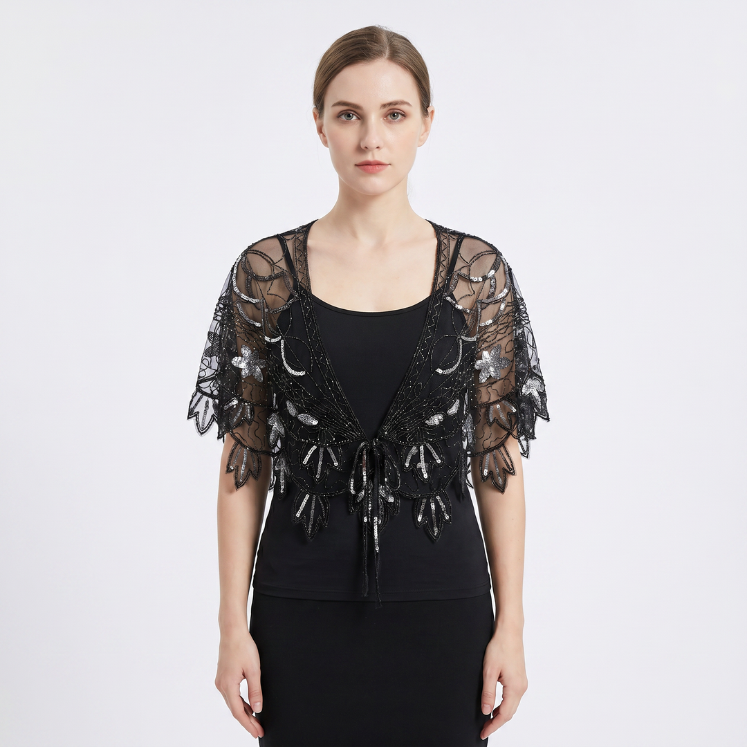 Women's Beaded Capelet Sequin Mesh Evening Shawl Cover Up Wrap