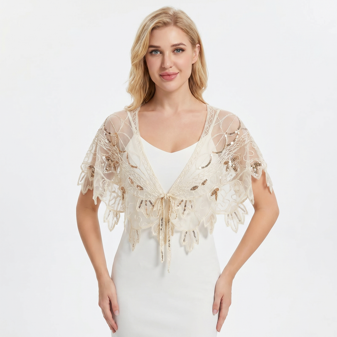 Women's Beaded Capelet Sequin Mesh Evening Shawl Cover Up Wrap