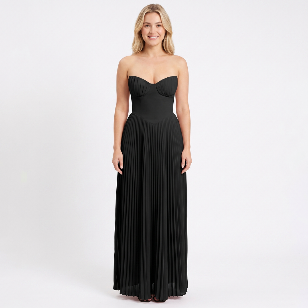Women's Strapless Maxi Dress Bustier Bodice Pleated Skirt Formal