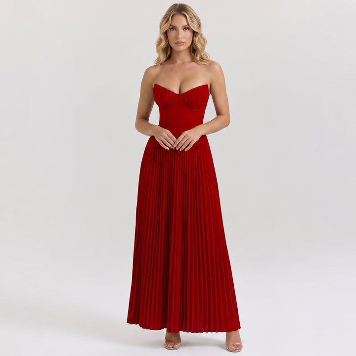 Women's Strapless Maxi Dress Bustier Bodice Pleated Skirt Formal