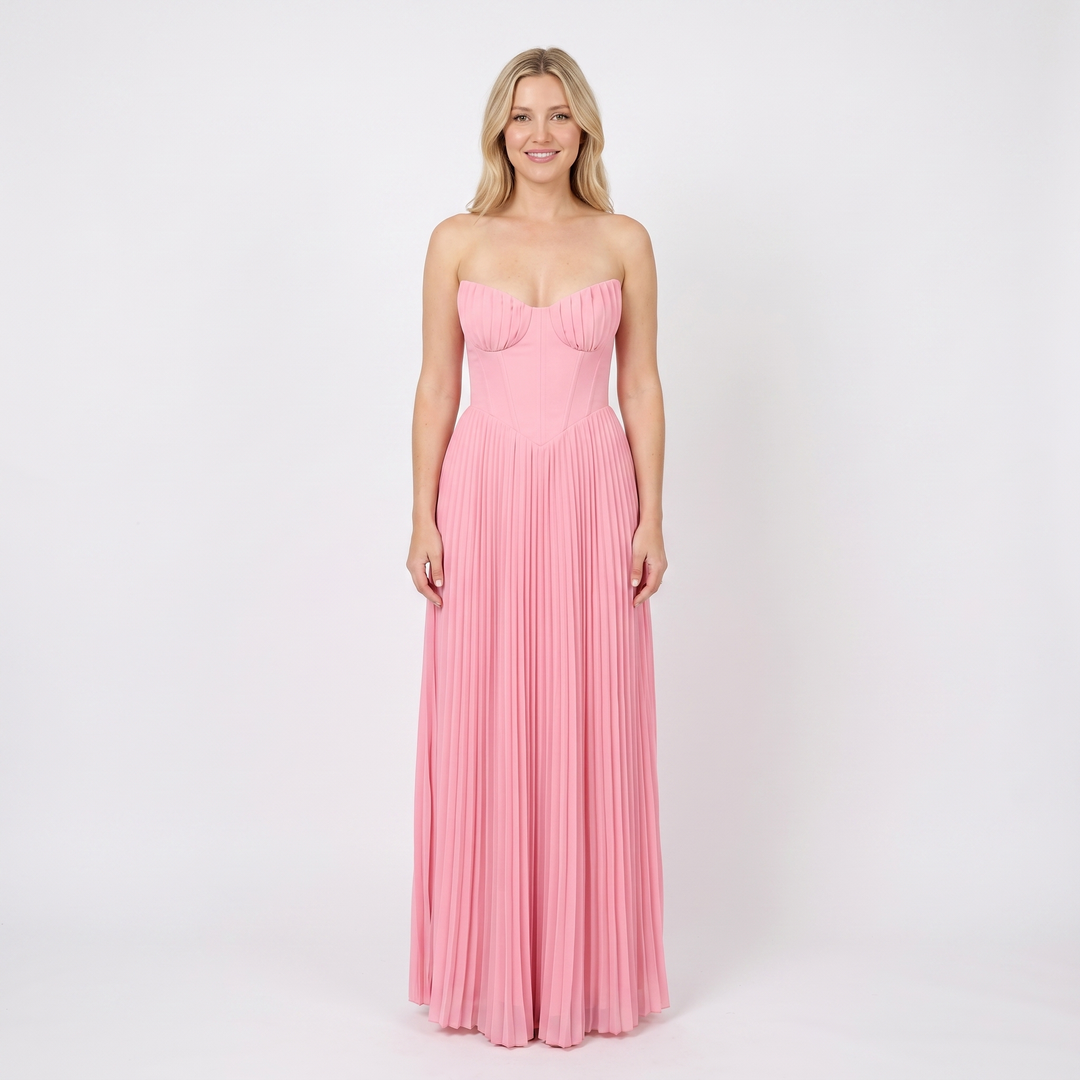 Women's Strapless Maxi Dress Bustier Bodice Pleated Skirt Formal