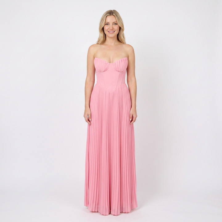 Women's Strapless Maxi Dress Bustier Bodice Pleated Skirt Formal