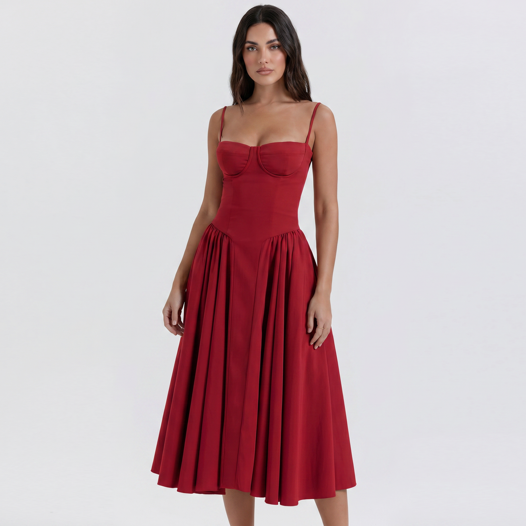Women's Corset Midi Dress Bustier Bodice Fit and Flare Cocktail