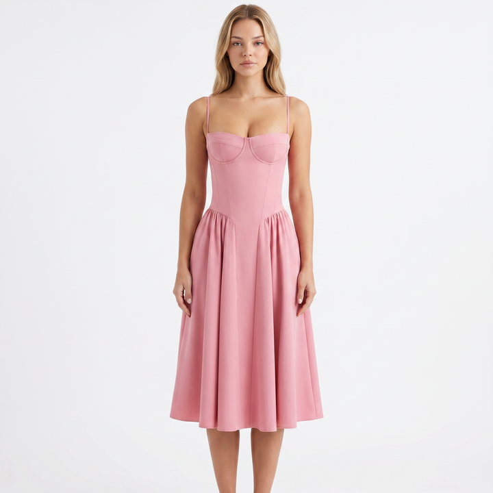 Women's Corset Midi Dress Bustier Bodice Fit and Flare Cocktail