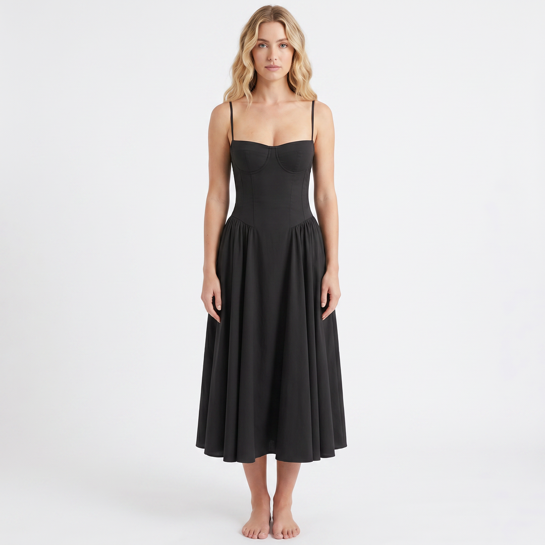 Women's Corset Midi Dress Bustier Bodice Fit and Flare Cocktail