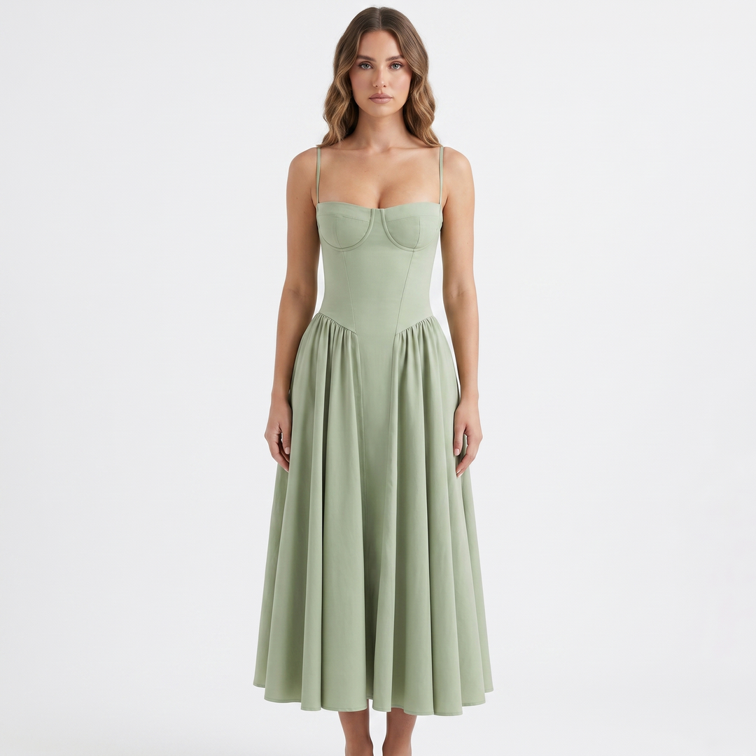 Women's Corset Midi Dress Bustier Bodice Fit and Flare Cocktail