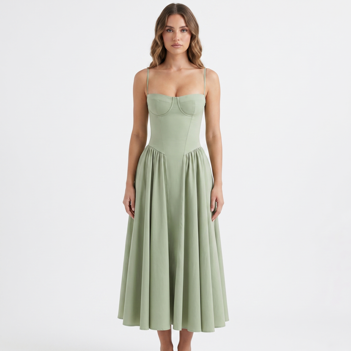 Women's Corset Midi Dress Bustier Bodice Fit and Flare Cocktail