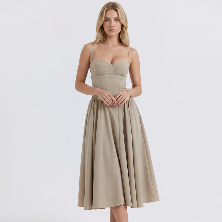 Women's Corset Midi Dress Bustier Bodice Fit and Flare Cocktail