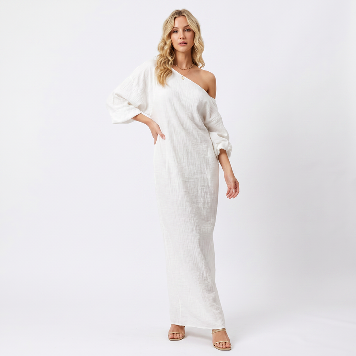 Women's Linen Maxi Dress One Shoulder Batwing Sleeve Oversized