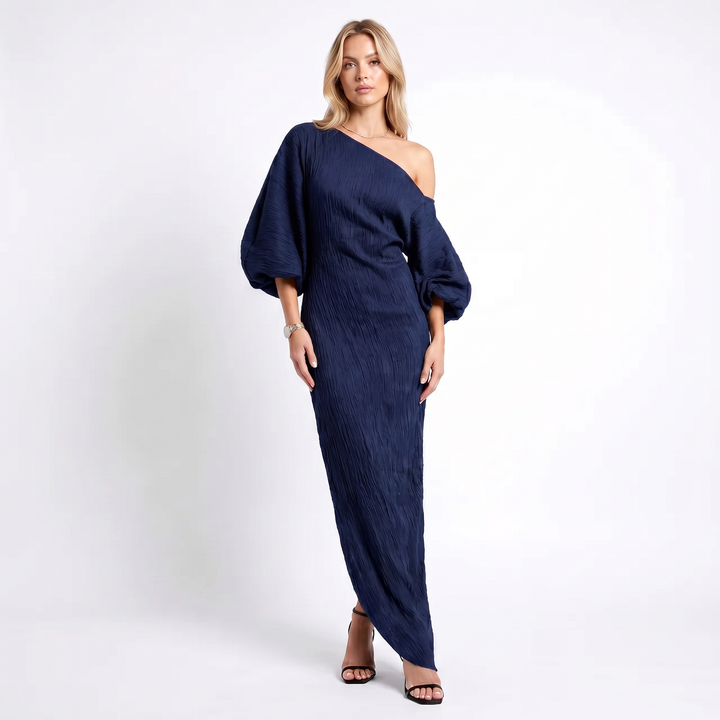 Women's Linen Maxi Dress One Shoulder Batwing Sleeve Oversized