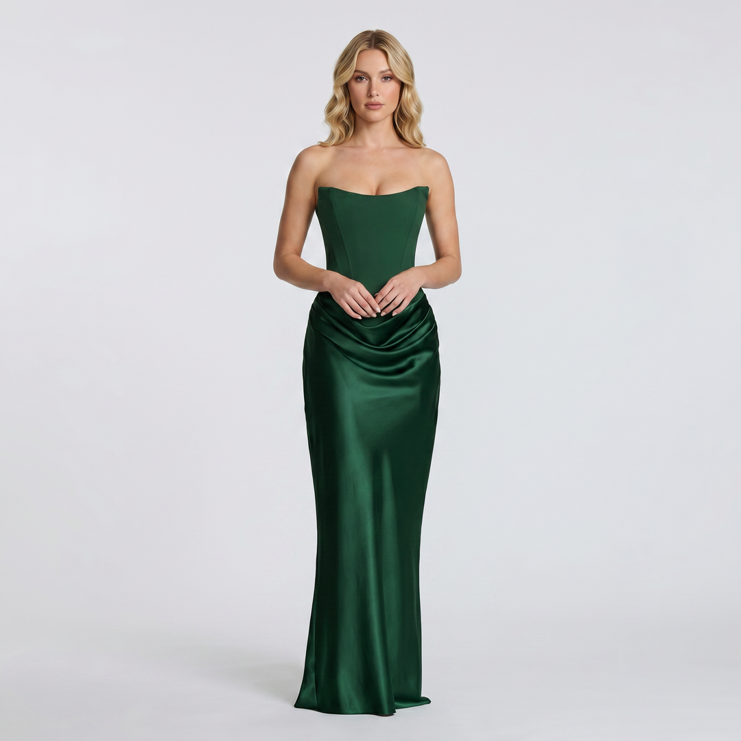 Women's Satin Maxi Dress Strapless Corset Bodice Draped Bodycon