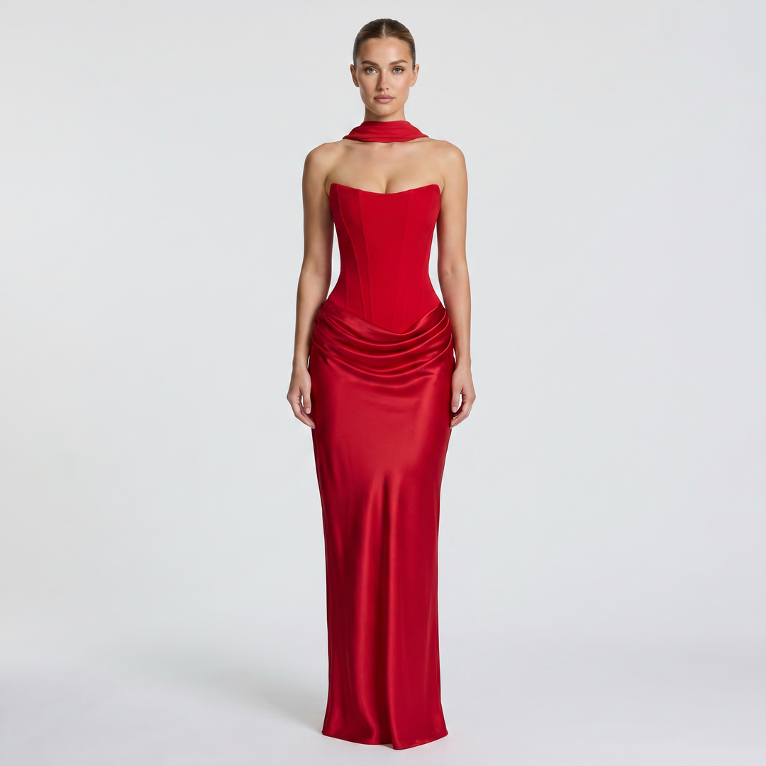 Women's Satin Maxi Dress Strapless Corset Bodice Draped Bodycon