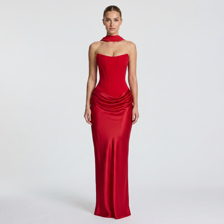 Women's Satin Maxi Dress Strapless Corset Bodice Draped Bodycon