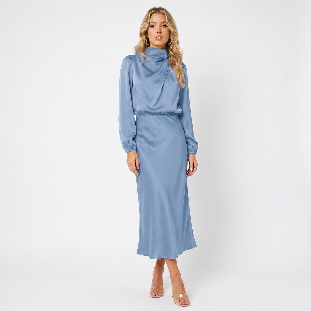 Women's Long Sleeve Satin Midi Dress – Cowl Neck Elasticated Waist