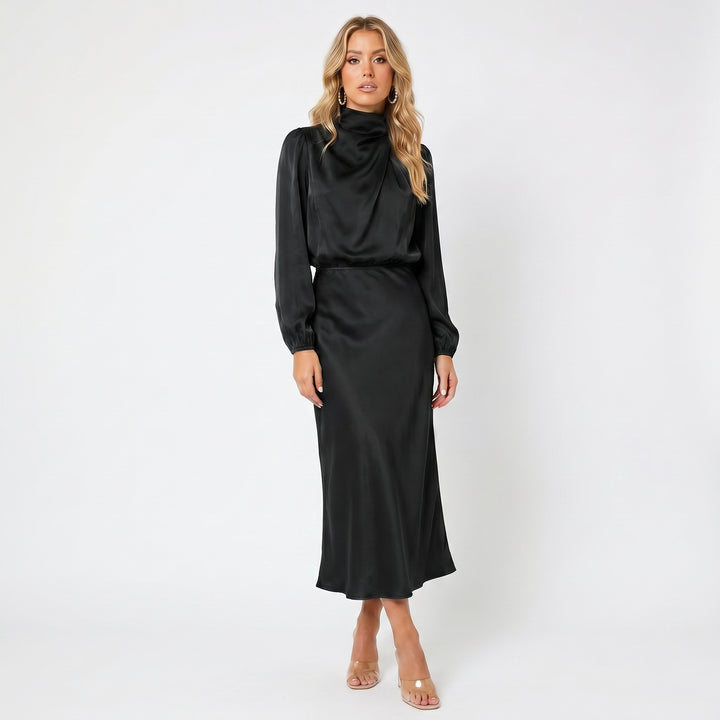 Women's Long Sleeve Satin Midi Dress – Cowl Neck Elasticated Waist
