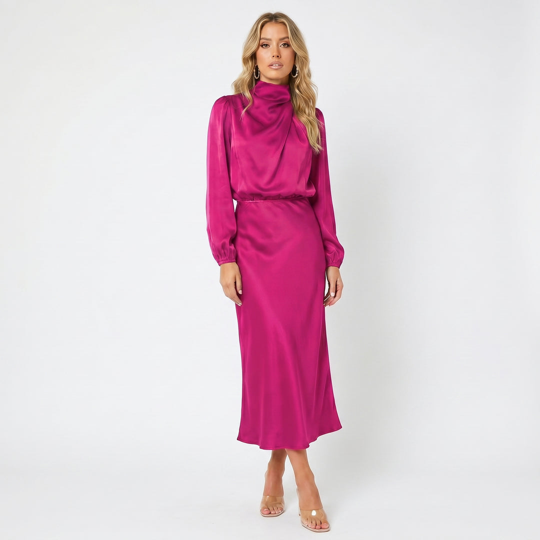 Women's Long Sleeve Satin Midi Dress – Cowl Neck Elasticated Waist