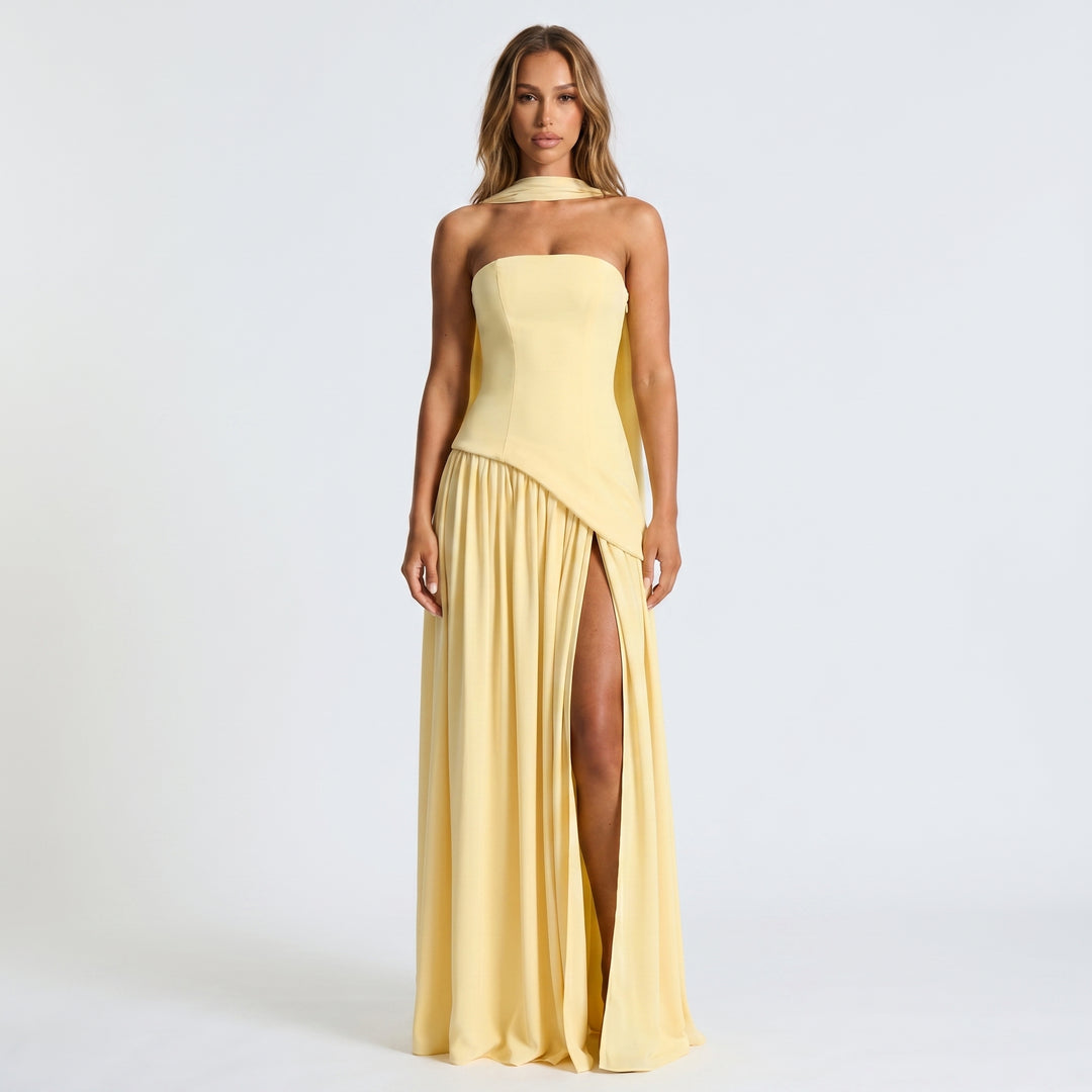 Women's Strapless Maxi Dress – Draped Scarf Neck High Slit