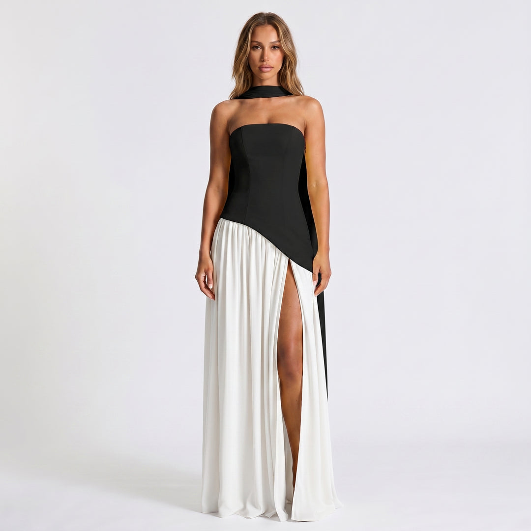 Women's Strapless Maxi Dress – Draped Scarf Neck High Slit