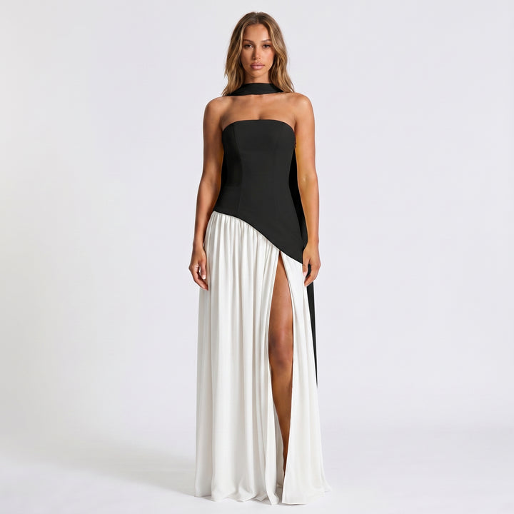 Women's Strapless Maxi Dress – Draped Scarf Neck High Slit