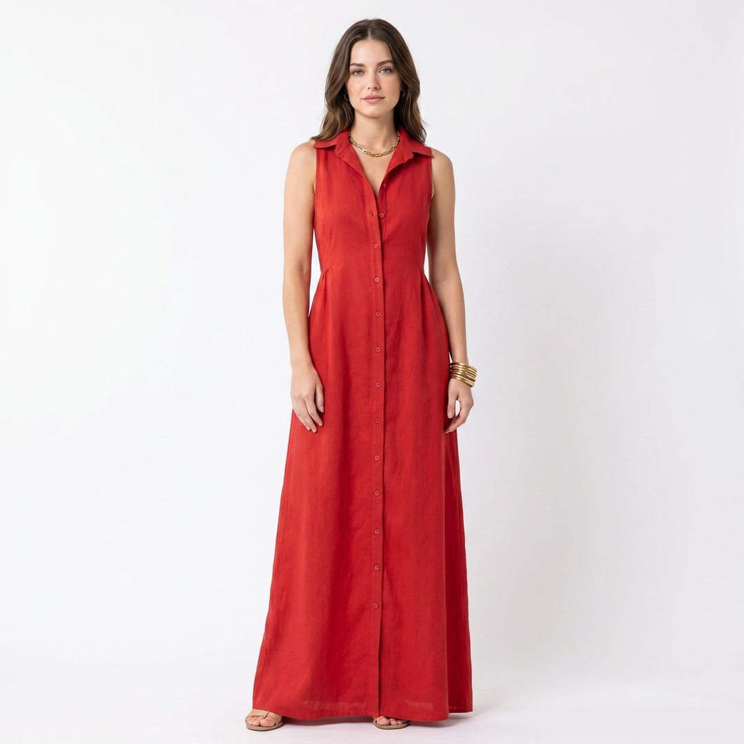 Women's Linen Maxi Dress Sleeveless Button Down Collared Shirt Dress