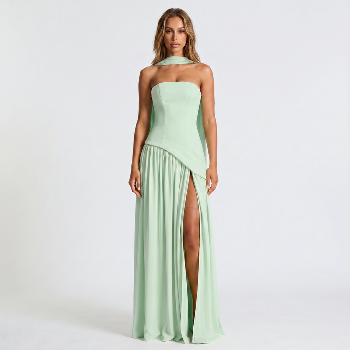Women's Strapless Maxi Dress – Draped Scarf Neck High Slit