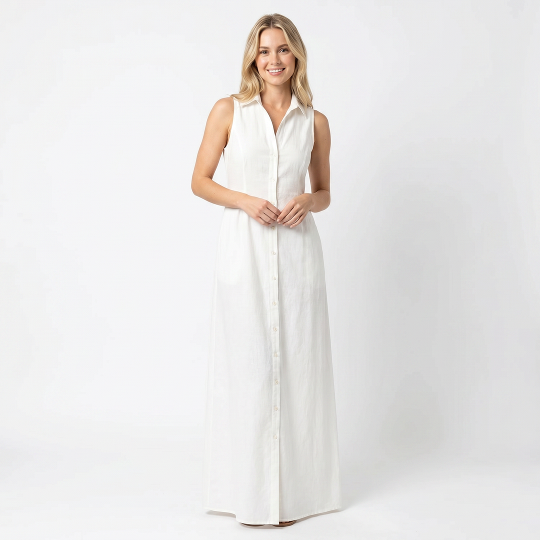 Women's Linen Maxi Dress Sleeveless Button Down Collared Shirt Dress