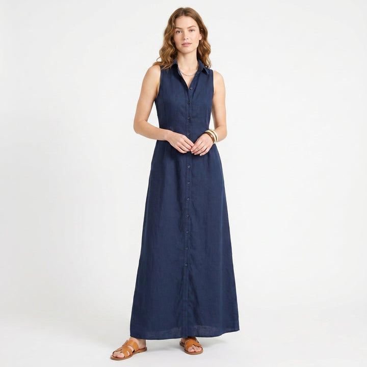 Women's Linen Maxi Dress Sleeveless Button Down Collared Shirt Dress