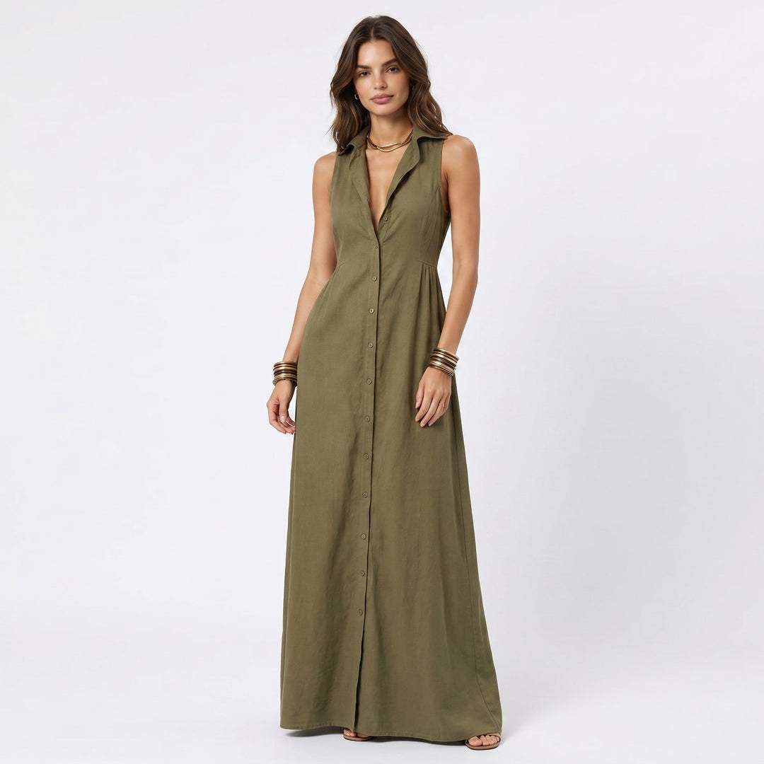 Women's Linen Maxi Dress Sleeveless Button Down Collared Shirt Dress
