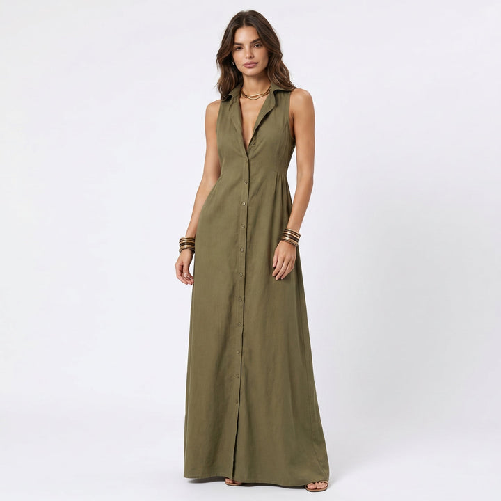 Women's Linen Maxi Dress Sleeveless Button Down Collared Shirt Dress