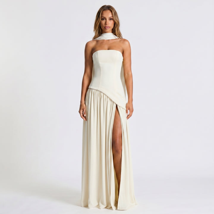 Women's Strapless Maxi Dress – Draped Scarf Neck High Slit