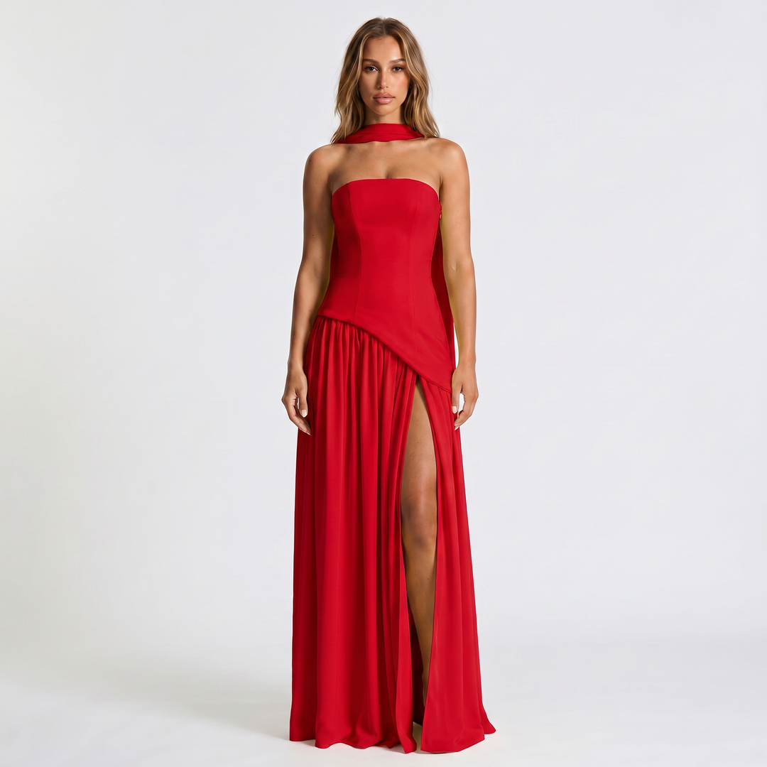 Women's Strapless Maxi Dress – Draped Scarf Neck High Slit
