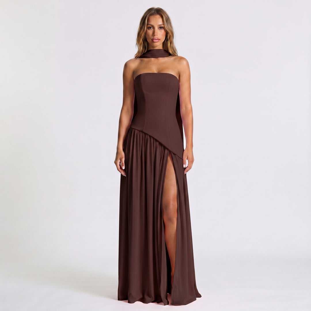 Women's Strapless Maxi Dress – Draped Scarf Neck High Slit