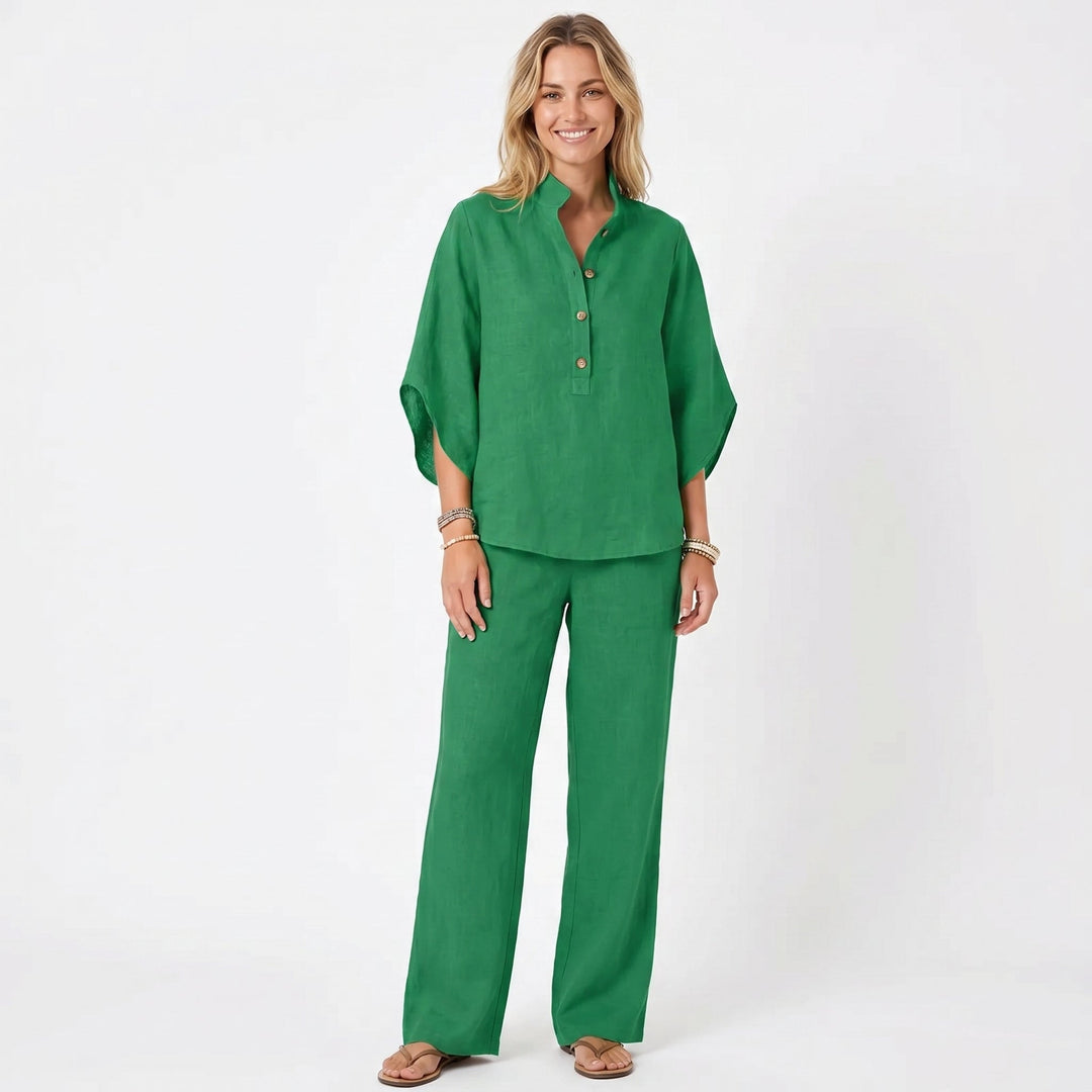 Linen Sets Women - Stand Collar Batwing Top and Wide Leg Pants