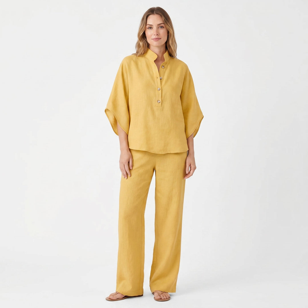 Linen Sets Women - Stand Collar Batwing Top and Wide Leg Pants