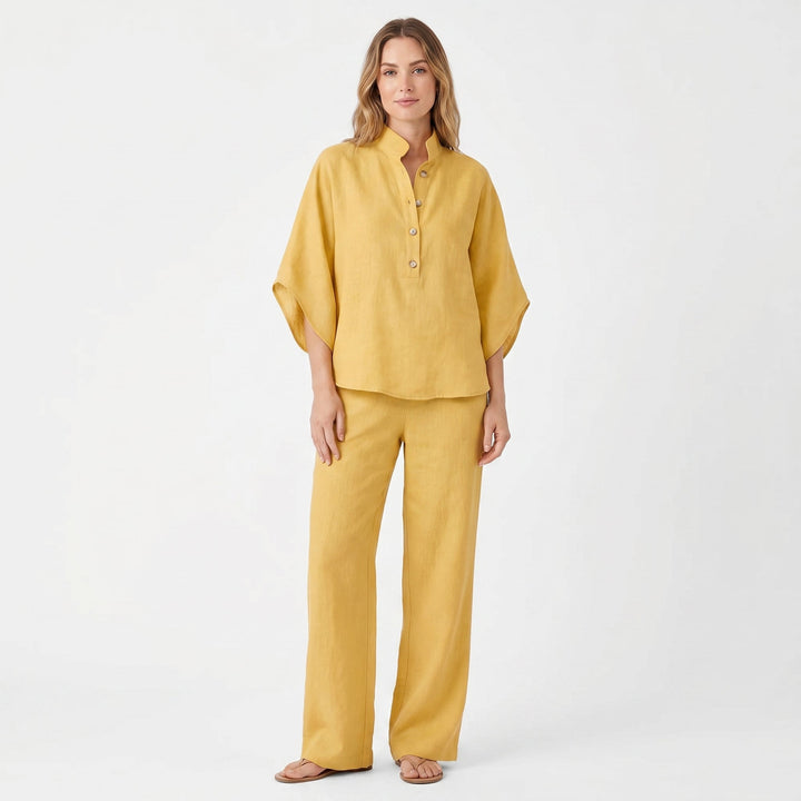 Linen Sets Women - Stand Collar Batwing Top and Wide Leg Pants