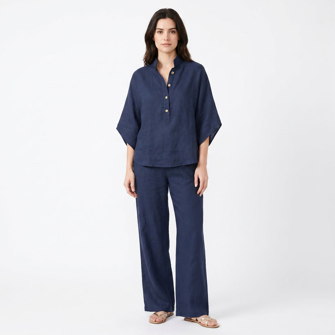 Linen Sets Women - Stand Collar Batwing Top and Wide Leg Pants