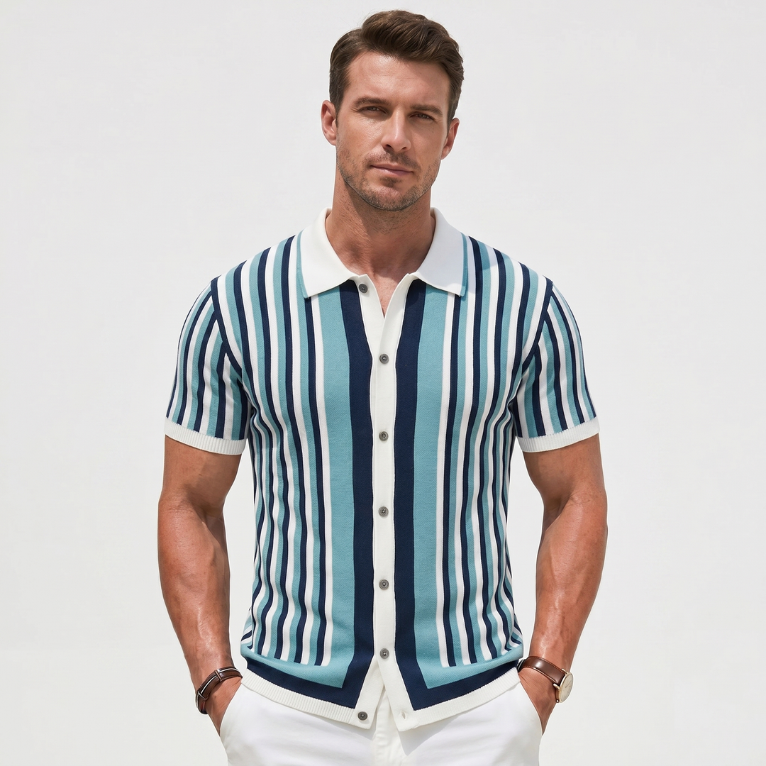 Men's Striped Knit Polo Shirt Short-Sleeve Button-Front Casual