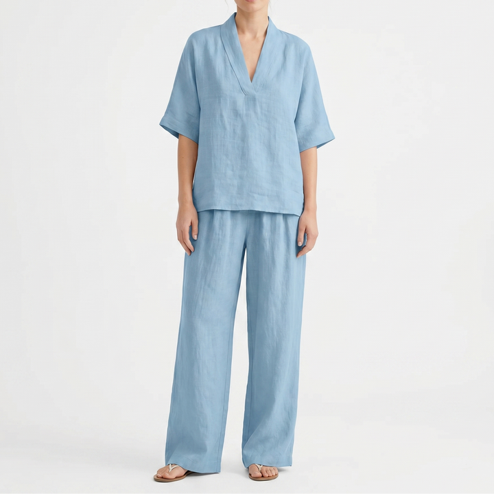 Women's Linen Two-Piece Set V-Neck Top and Wide-Leg Pants Relaxed Fit