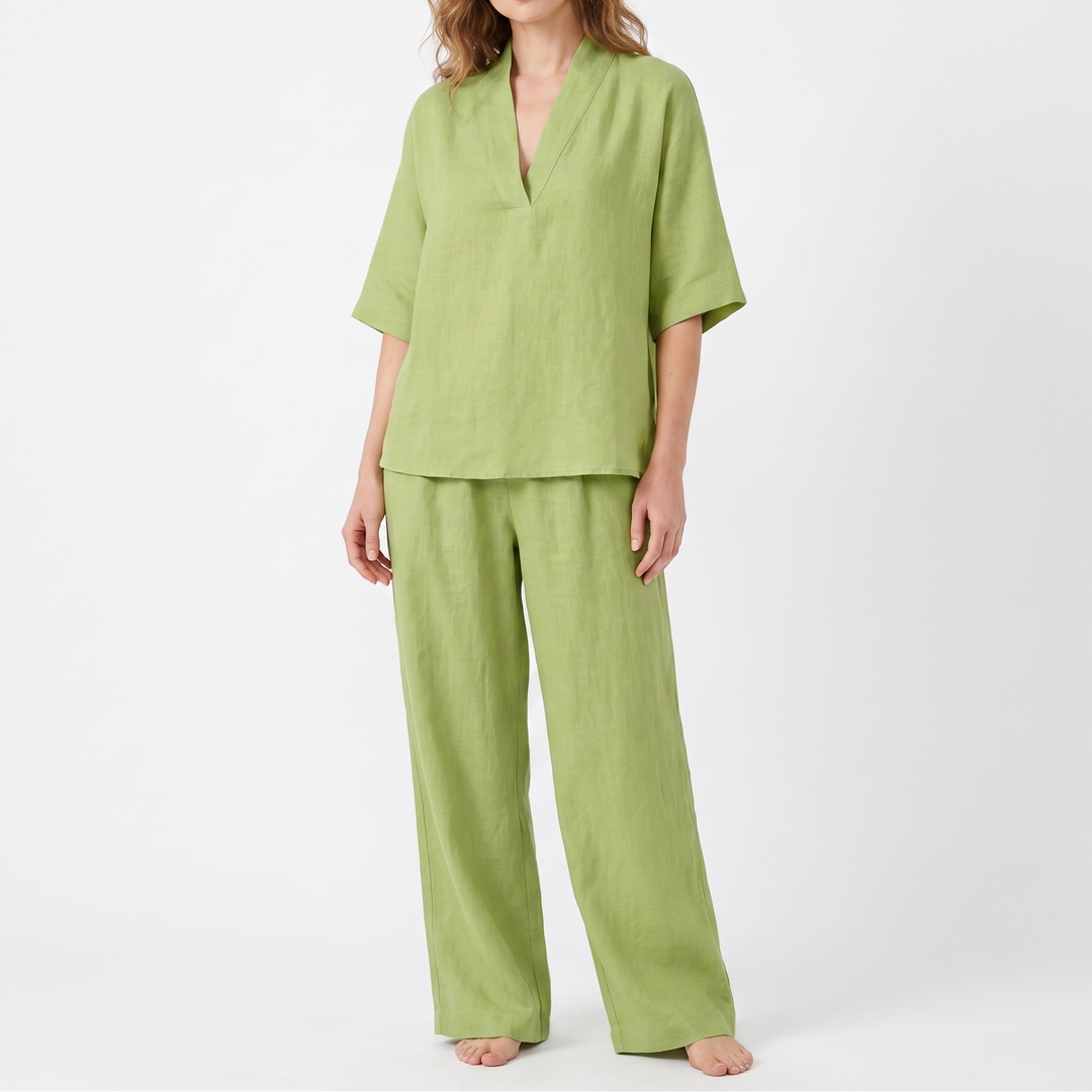 Women's Linen Two-Piece Set V-Neck Top and Wide-Leg Pants Relaxed Fit